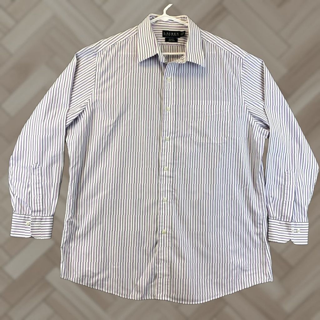Polo Ralph Lauren VINTAGE Ralph Lauren Polo Dress Shirt Mens Long Sleeve 17.5 Purple Stripes Cotton Slim Fit Mens Size 46R - 1 Thumbnail