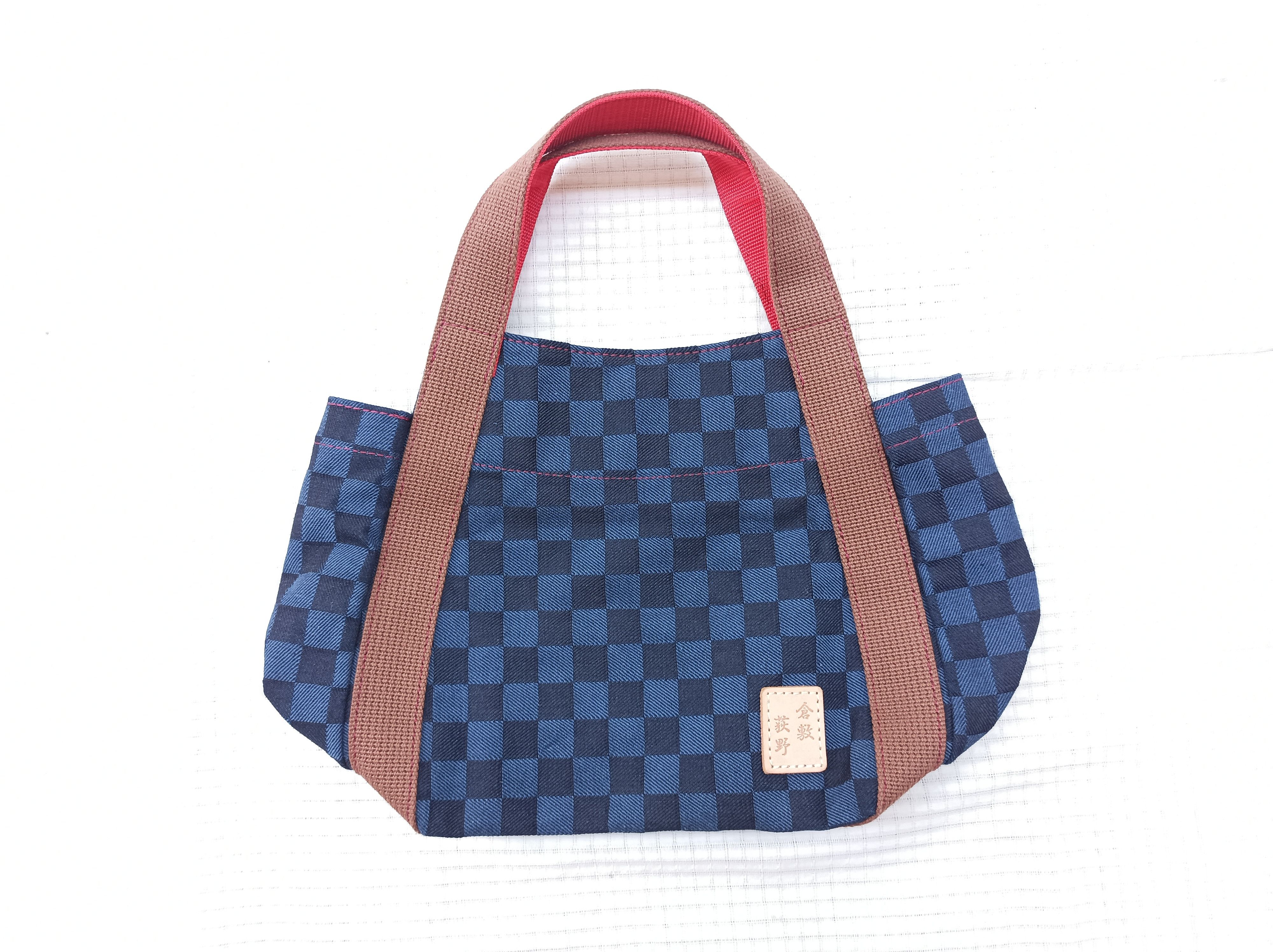 Japanese Brand (B56) Kurashiki Ogino Hanpu Navy Blue Check Cotton Hand Bag Size ONE SIZE - 2 Thumbnail
