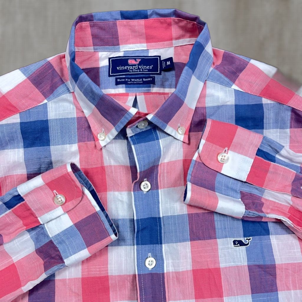 Vineyard Vines Vineyard Vines Shirt Men M Pink Blue Slim Fit Button-Up Plaid Check Poplin Size US M / EU 48-50 / 2 - 1 Thumbnail