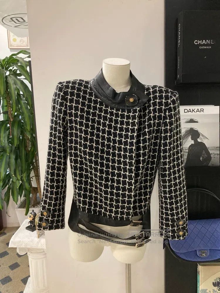 Chanel 17a Black and White Plaid Leather Jacket