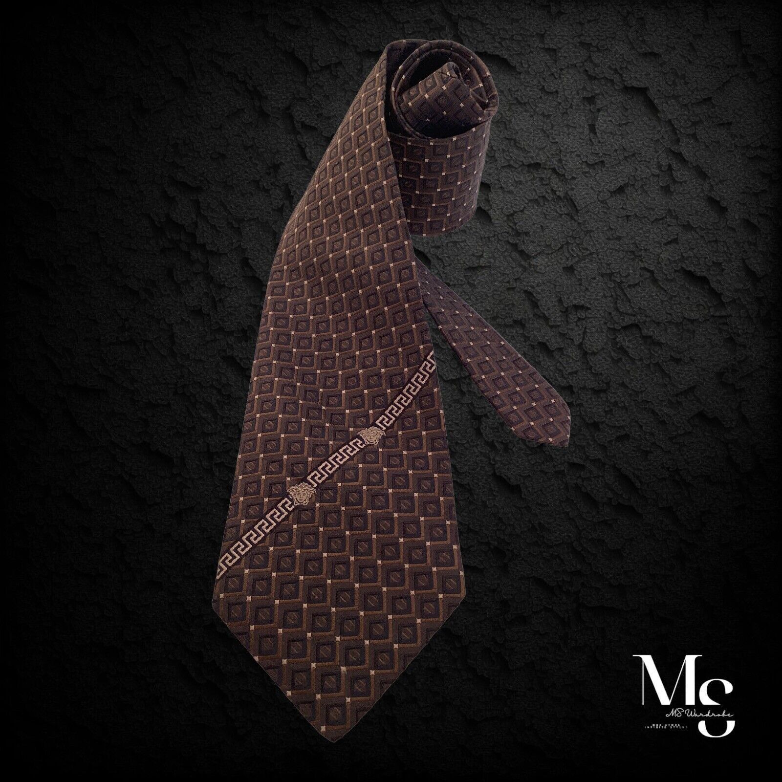 Versace GIANNI VERSACE Brown Geometric Baroque Medusa Italy Silk Tie Size ONE SIZE - 1 Thumbnail