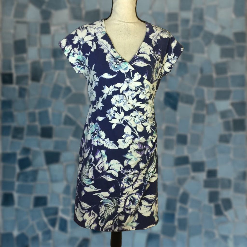 Soft Surroundings Dress WoMens A-Line Wrap Short Sleeve Knee Length Floral  Blue M