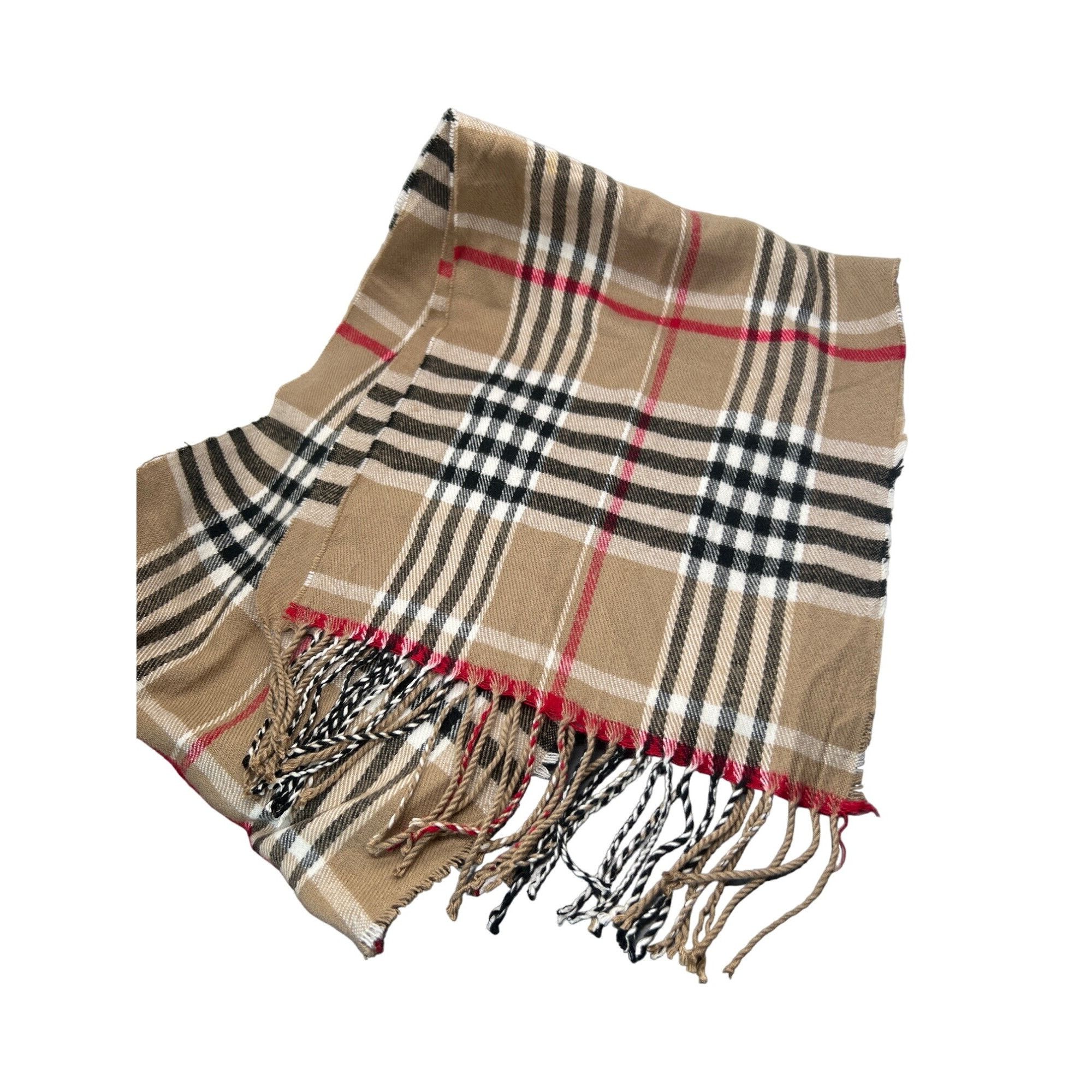 Other Plaid Acrylic Scarf With Fringe Brown Back White Red Plaid 6 Size ONE SIZE - 1 Thumbnail