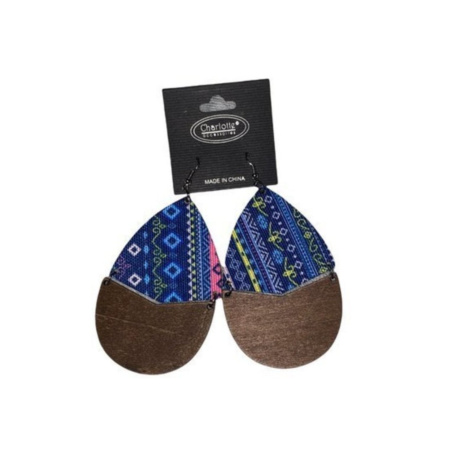 Other NWT Wooden Fabric Covered Boho Aztec Dangle Earrings Blue Size ONE SIZE - 1 Thumbnail