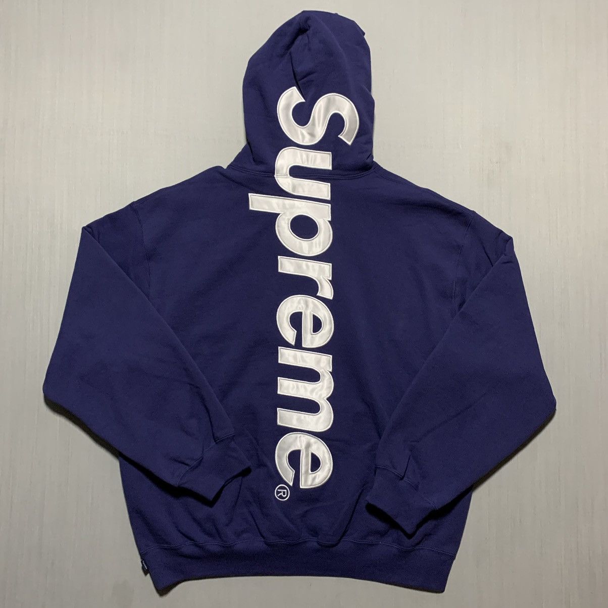 image of Supreme Satin Appliqué Hoodie in Navy, Men's (Size XL)