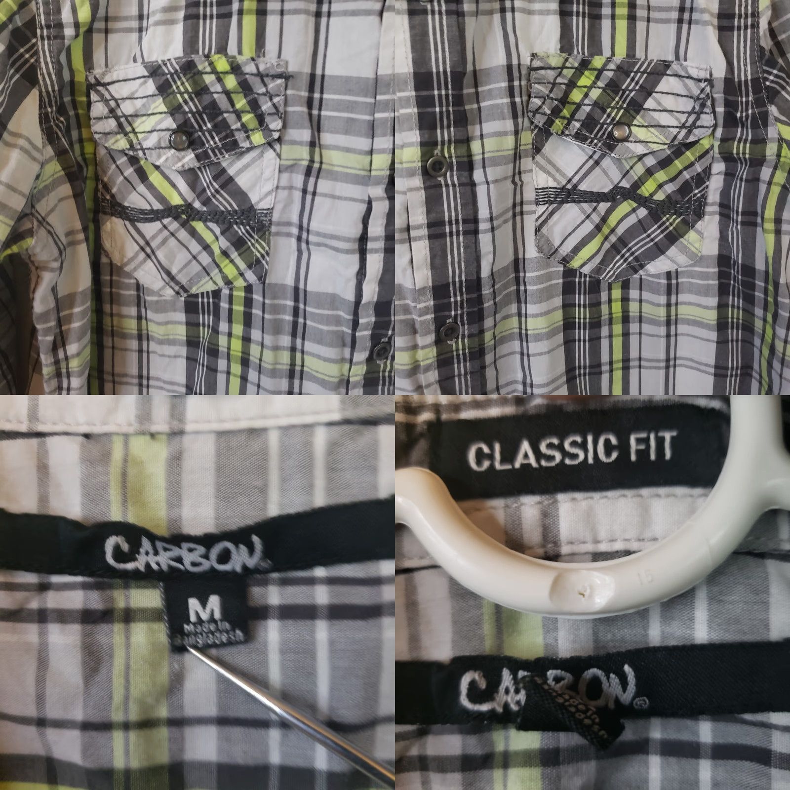 Carbon Carbon Men's M Button-Up Shirt Long Sleeve Plaid Grey Lime Multicolor Classic Fit Size US M / EU 48-50 / 2 - 8 Thumbnail