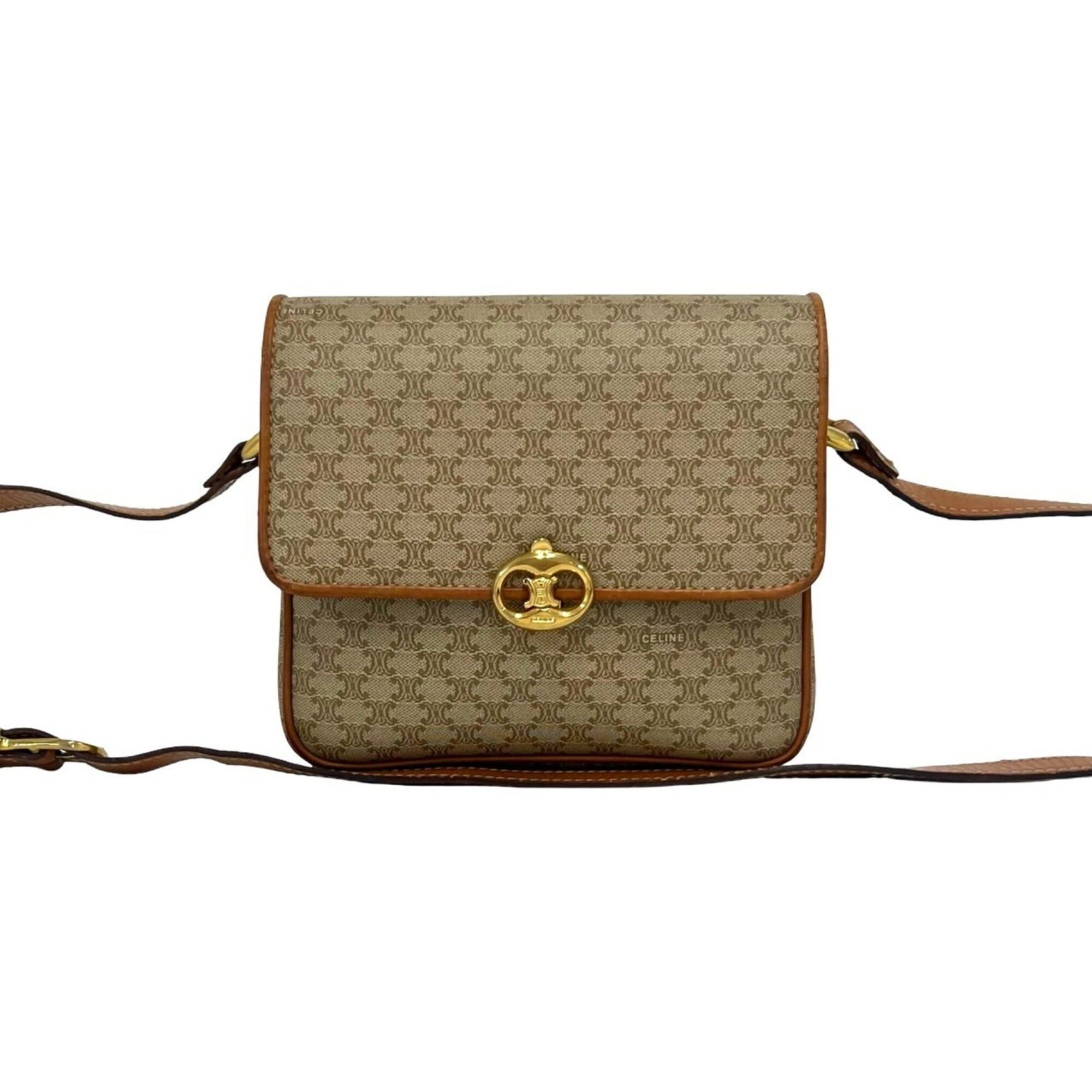 Celine CELINE Vintage Triomphe Pattern Logo Hardware Leather Shoulder Bag Pochette Beige Brown 22960 Size ONE SIZE - 1 Thumbnail