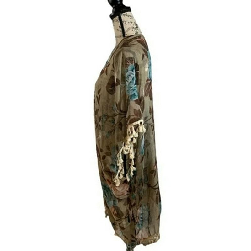 Other Riah Fashion LA Floral Kimono Wrap Boho Shawl Tassels Sheer Size ONE SIZE - 4 Thumbnail