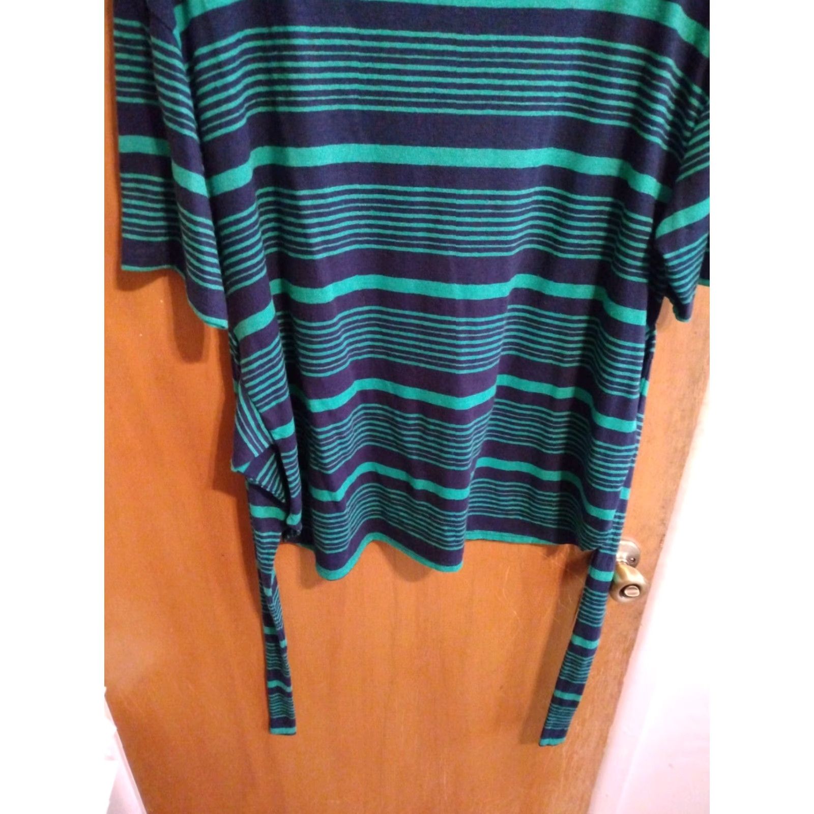 Liz Claiborne Liz Claiborne Blouse Shirt Green Blue Linen/Poly Blend M SS Summer 40" chest Womens Size M / US 6-8 / IT 42-44 - 3 Thumbnail
