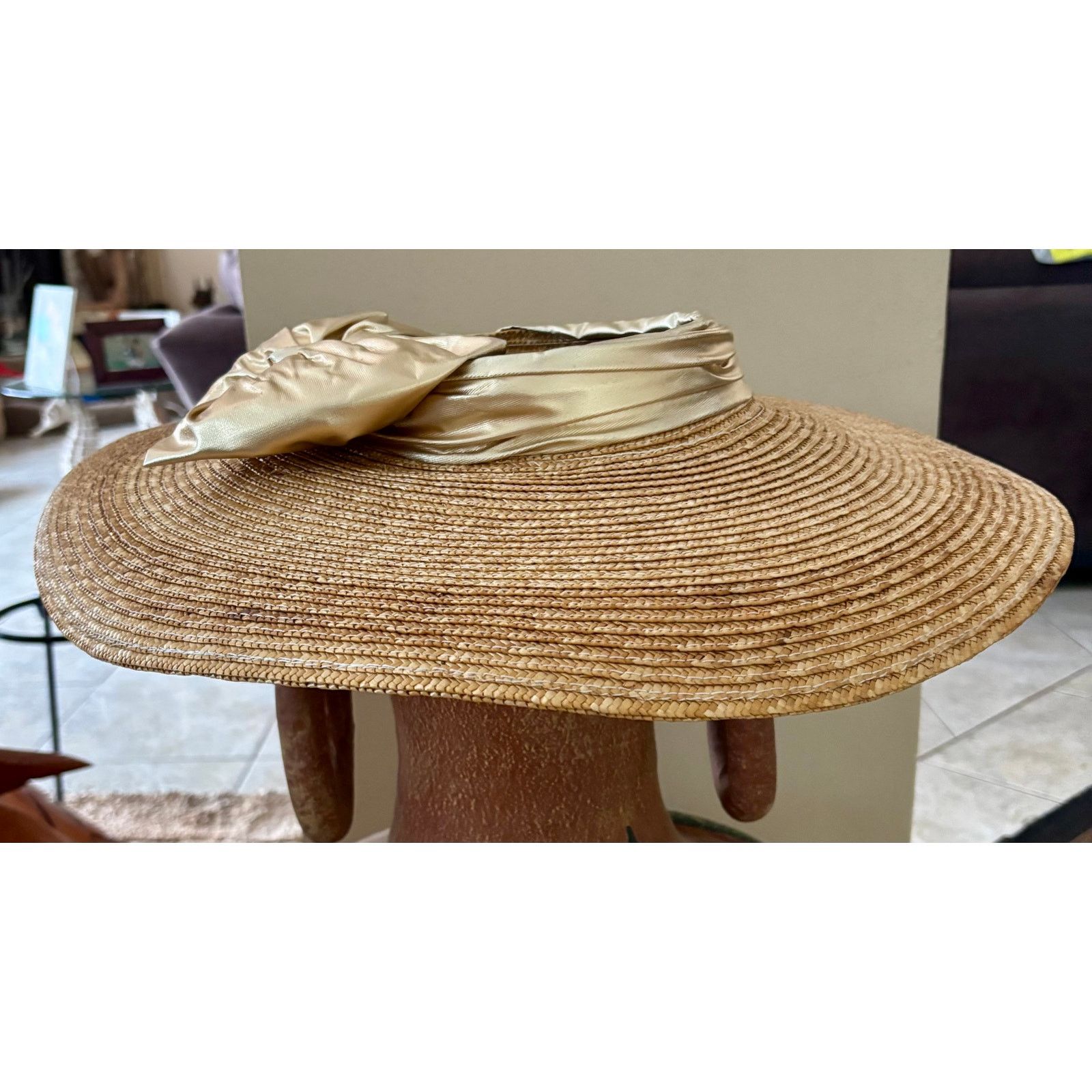 Vintage Vintage Deborah Rhodes Mocha Straw Hat Gold Metallic Bow Size ONE SIZE - 3 Thumbnail