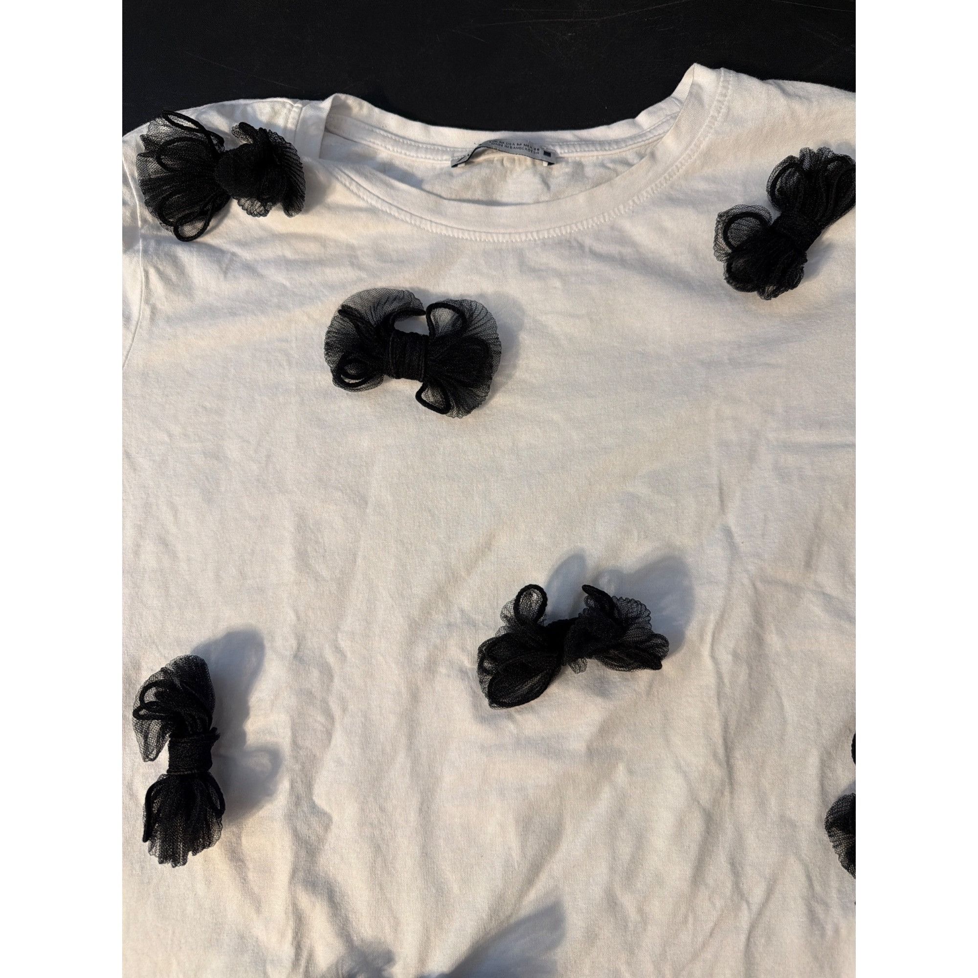 Zara Zara White T Shirt Black Mesh Bows Ribbons Short Sleeve 100% Size M / US 6-8 / IT 42-44 - 3 Thumbnail