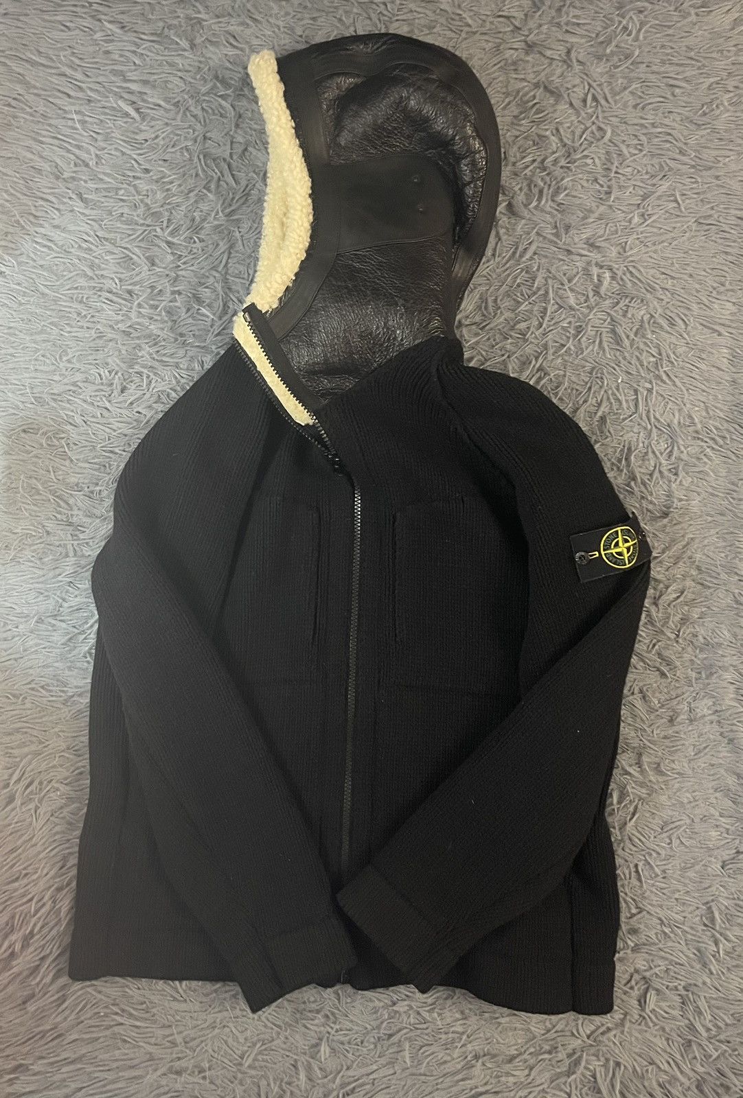 Stone Island wool + leather Sherpa hood sweater