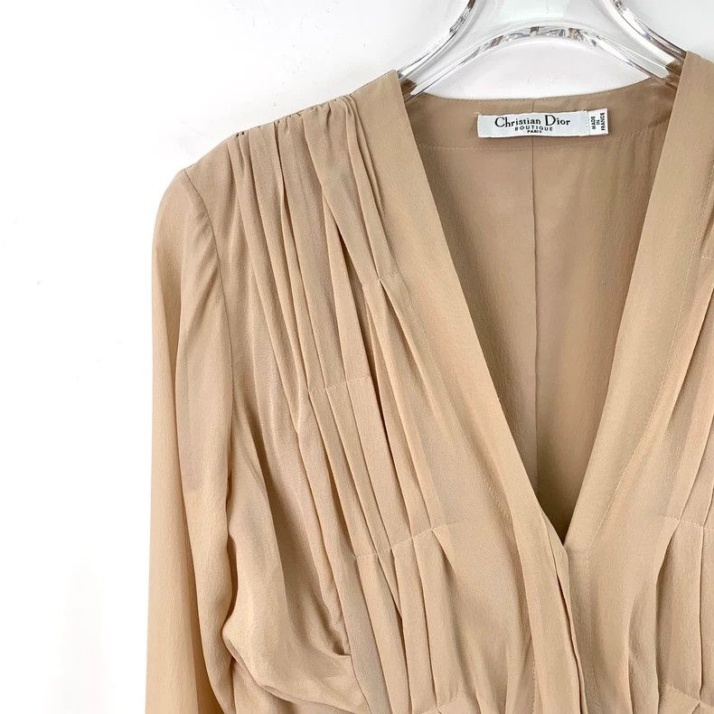 Dior Dior Apricot-colored V-neck pleated silk long-sleeved dres Size XS / US 0-2 / IT 36-38 - 3 Thumbnail