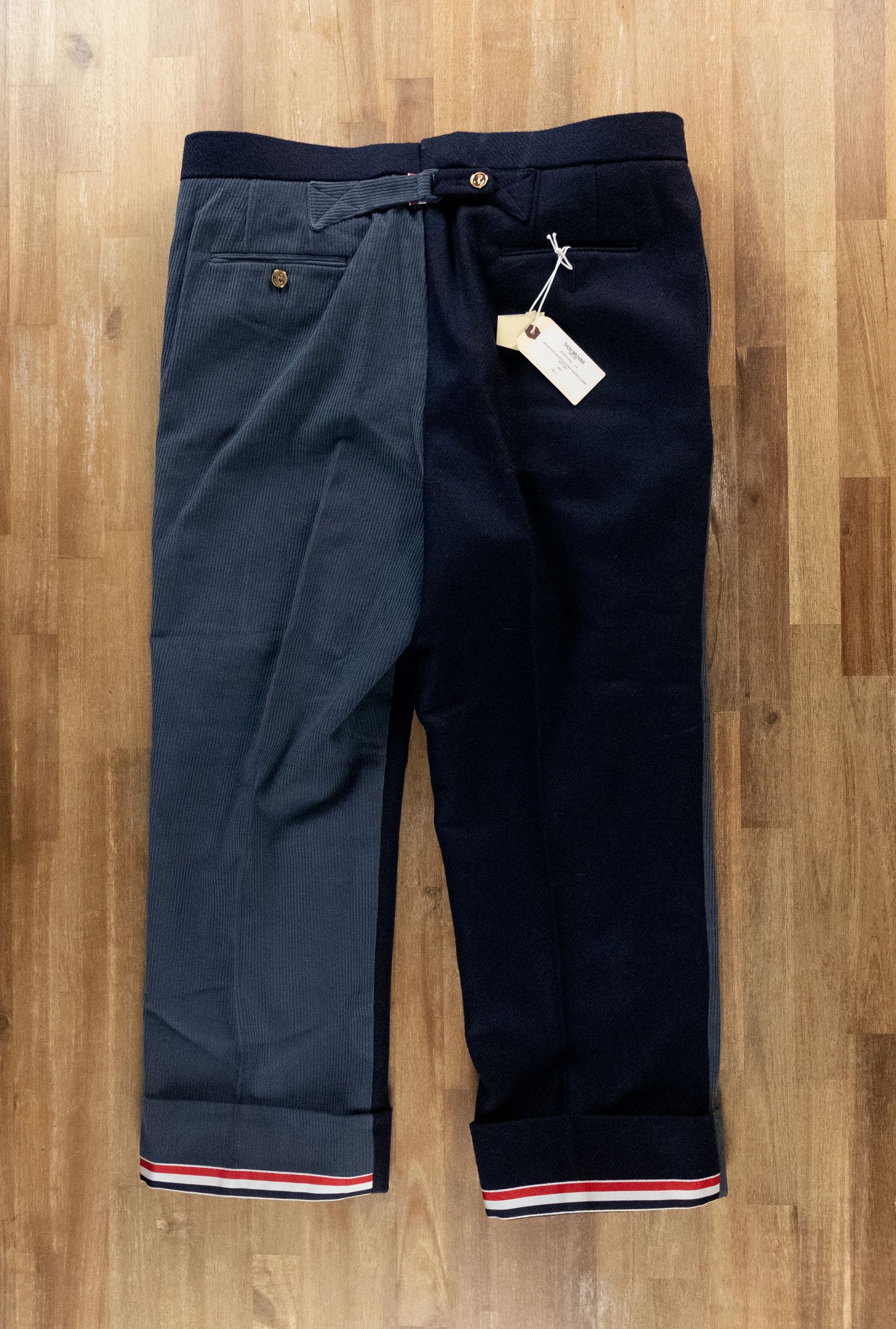 THOM BROWNE Fun-Mix blue wool & corduroy backstrap pants
