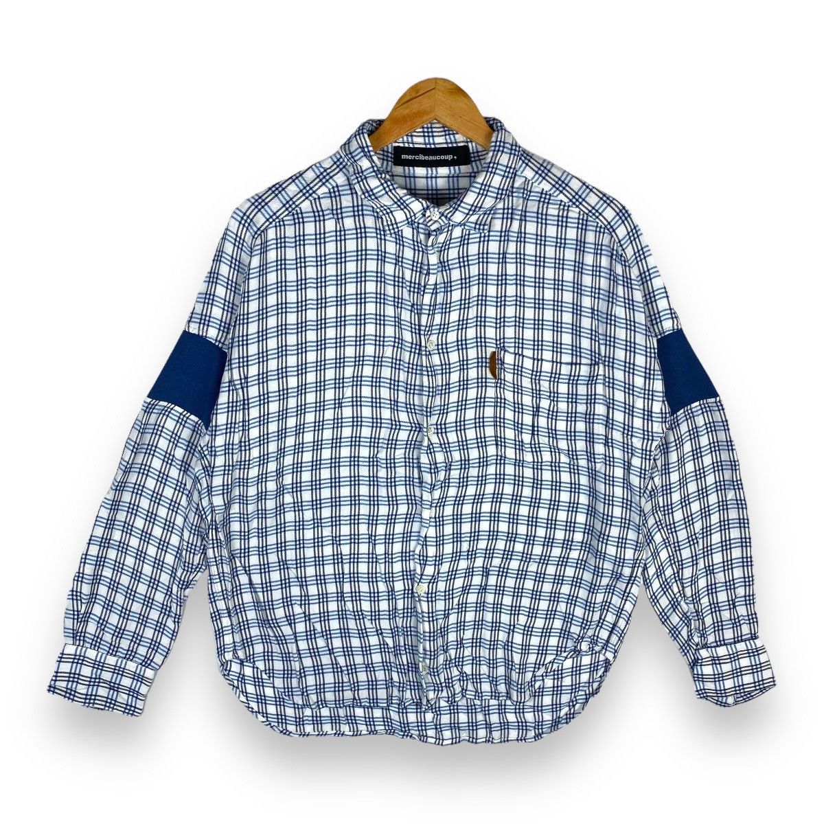 image of Issey Miyake x Mercibeaucoup Is Mercibeaucoup Rayon Cotton Checked Plaid Button Up in Blue (Size Me