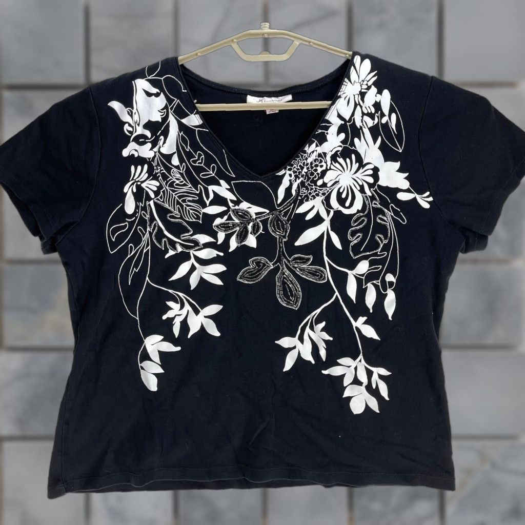 JM Collection JM Collection Shirt Womens XL Black Floral Short Sleeve V Neck 100% Cotton Artsy Size XL / US 12-14 / IT 48-50 - 1 Thumbnail