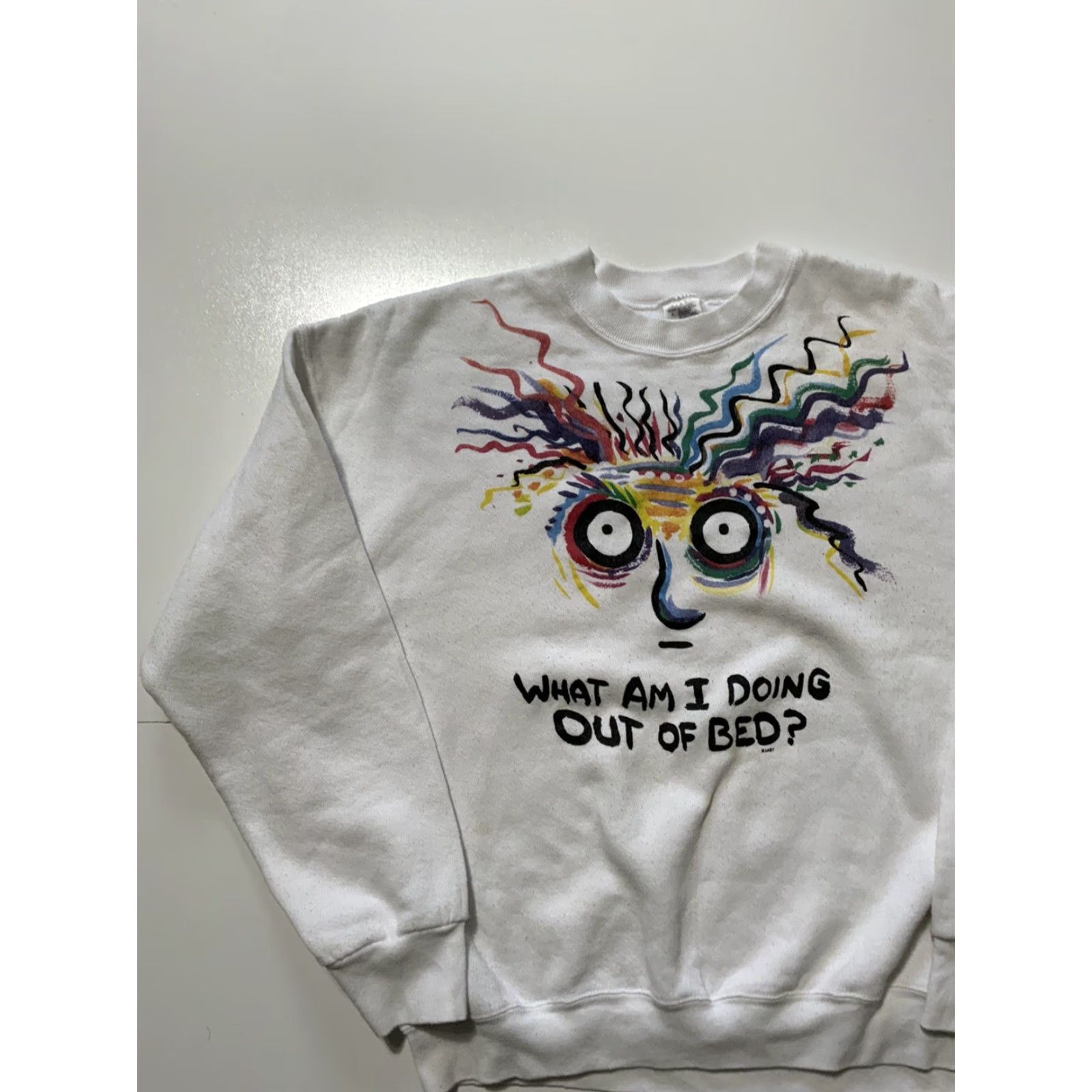 Fruit Of The Loom VINTAGE Fruit Of The Loom What Am I Doing Out Of Bed? Sweatshirt Crewneck Sz. L White Mens Pullover Size L Size US L / EU 52-54 / 3 - 3 Thumbnail