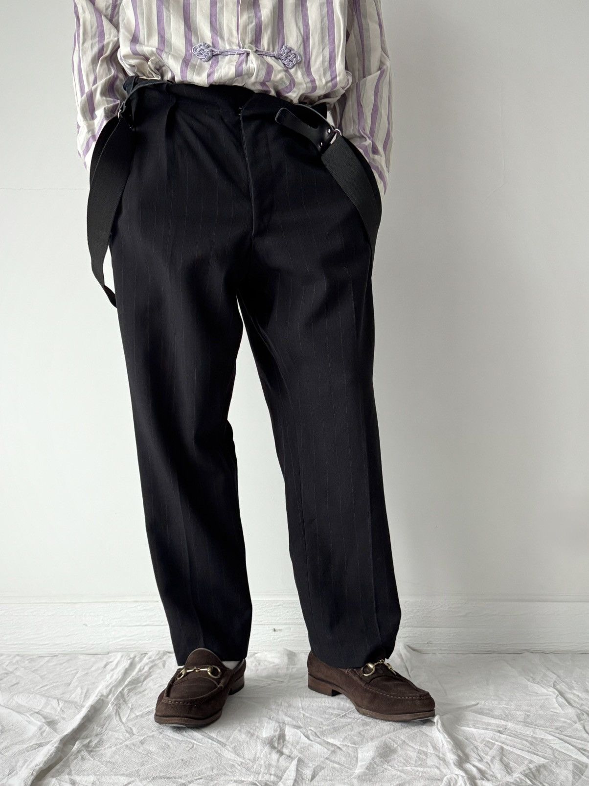 1940s Vintage European Striped Wool Suit Suspender Trousers