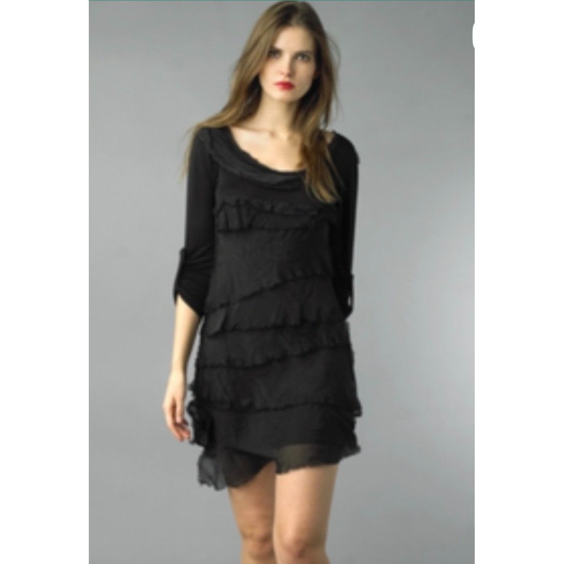 Other NWT Tempo Paris L Silk Tiered Stretch Dress Black Long Sleev Size L / US 10 / IT 46 - 1 Thumbnail