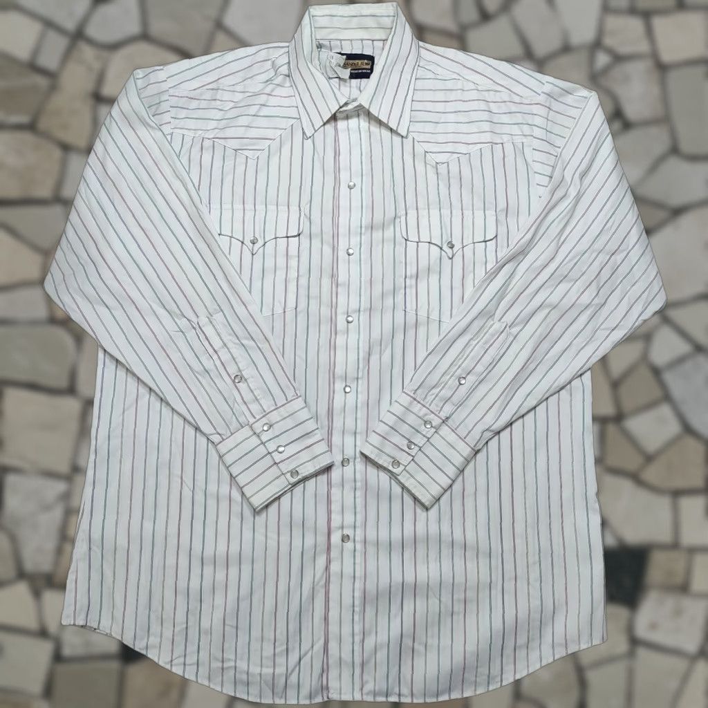 Vintage VINTAGE Panhandle Slim Shirt Mens 17 X 35 White Striped Pearl Snap Western Cowboy Shirt Mens 17 X 35 White Striped Pearl Snap Western Cowboy Size US XL / EU 56 / 4 - 1 Thumbnail