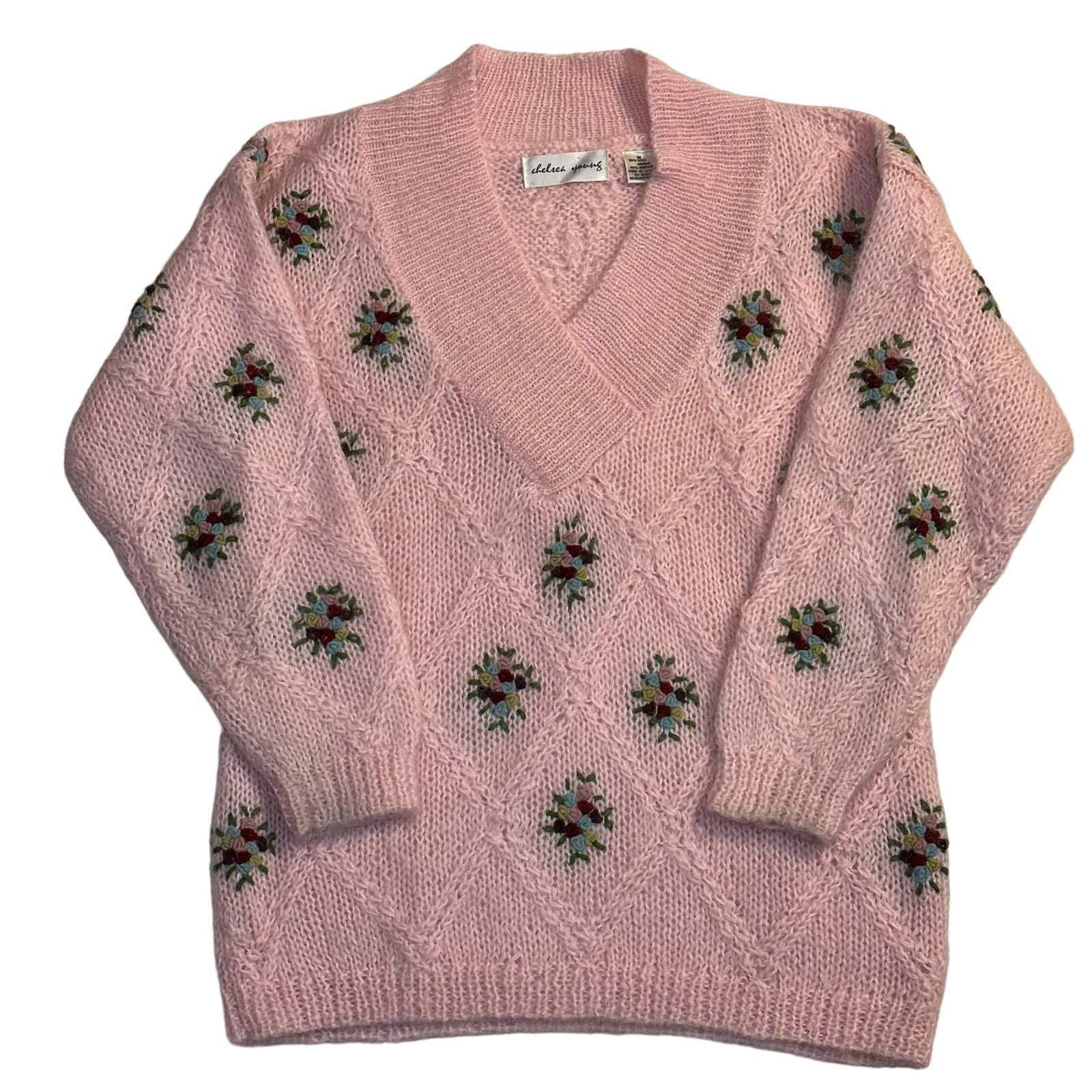 image of Vintage 90's Medium Pink Floral Embroidered Mohair Sweater Vneck, Women's