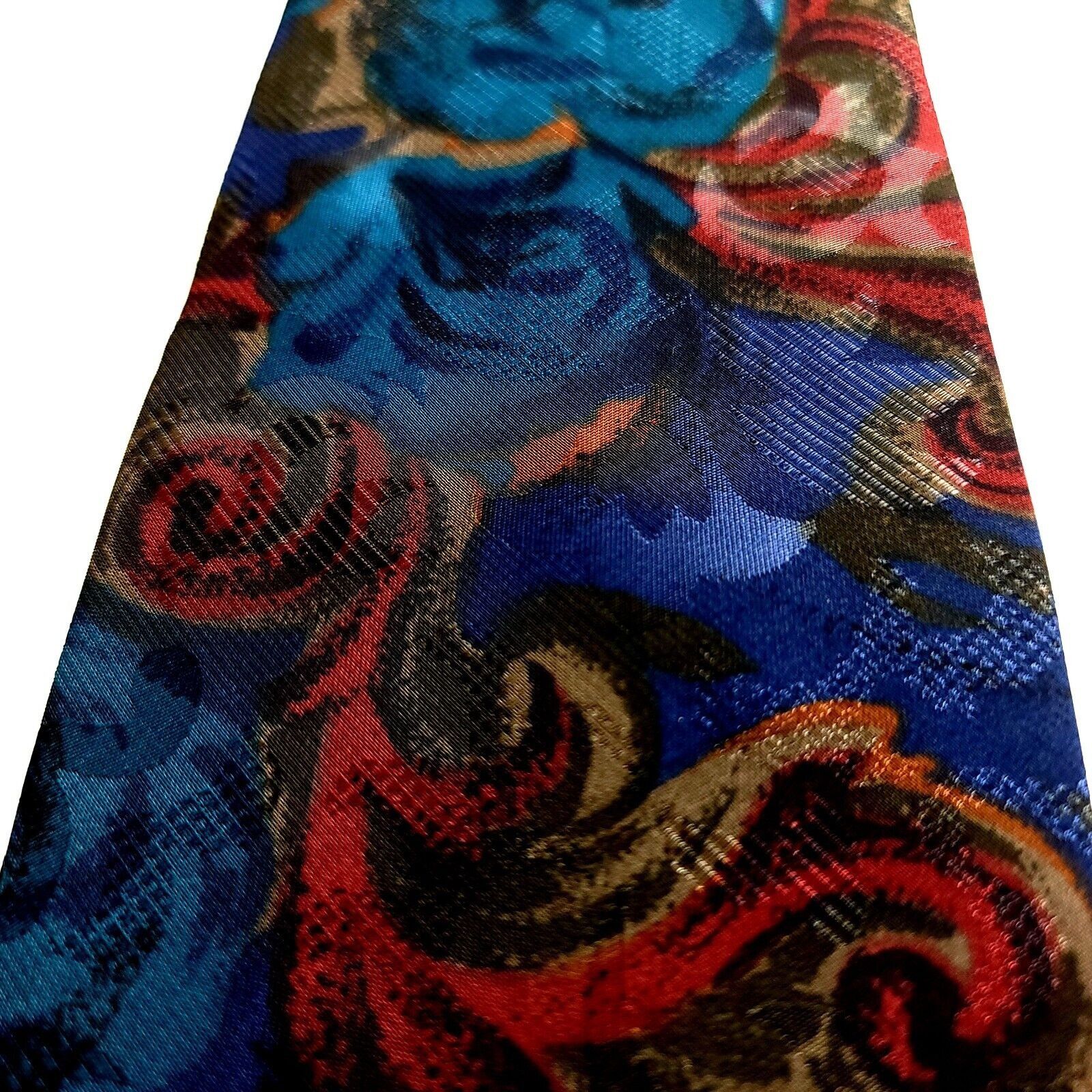 Vintage Royal Knight Blue Red Baroque Jacquard Print Short Silk Tie Size ONE SIZE - 2 Thumbnail
