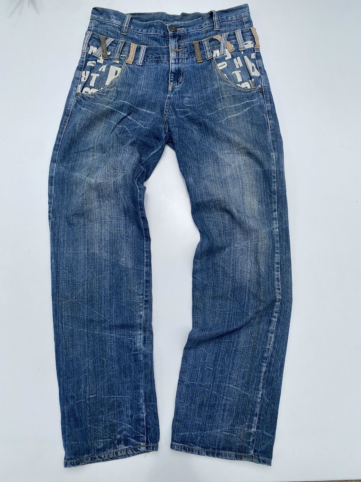 Japanese Brand Vtg Denim Double Waist Blue Flared Size US 35 - 1 Thumbnail