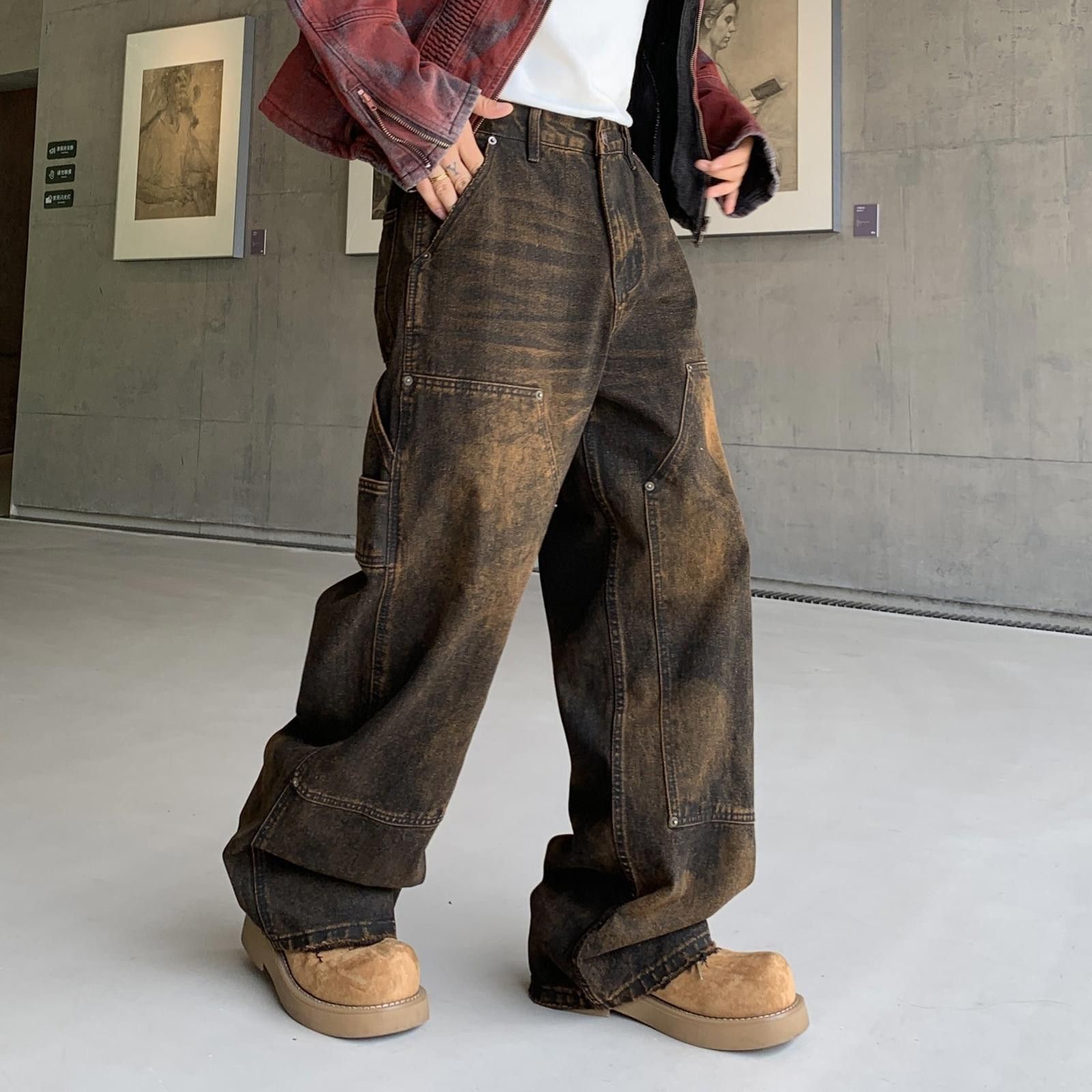 Vintage Brown Baggy Distressed Casual Pants, Wide Leg Denim Size US 32 / EU 48 - 2 Thumbnail