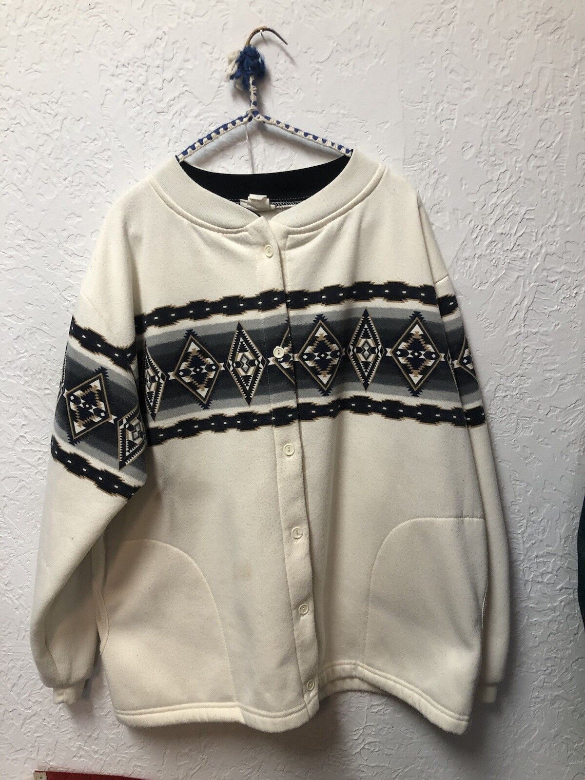 Vintage Aztec Button Sweatshirt Cardigan Made USA Pockets 90s Large Size US L / EU 52-54 / 3 - 1 Thumbnail