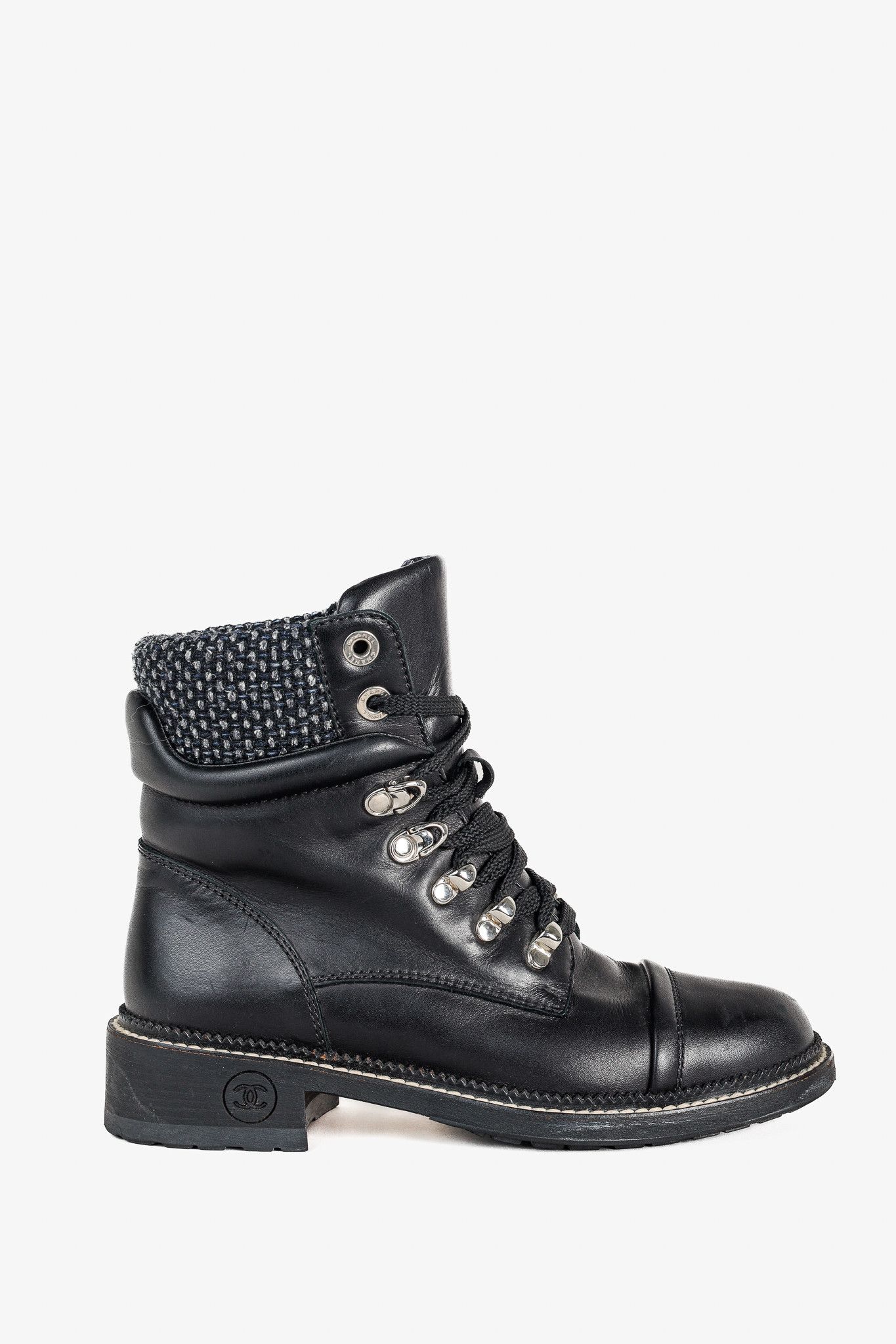 Chanel Chanel 15A Black Leather Tweed-Trim Lace-Up Short Boots Size US 6 / IT 36 - 1 Thumbnail