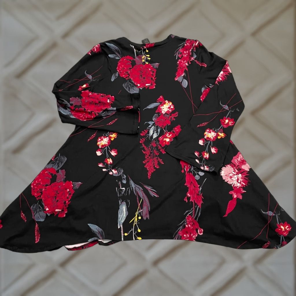 Vintage Lildy Floral Tunic Womens S-M Black Red V-Neck Long Sleeve Relaxed Pocket Casual Shirts Size S / US 4 / IT 40 - 1 Thumbnail