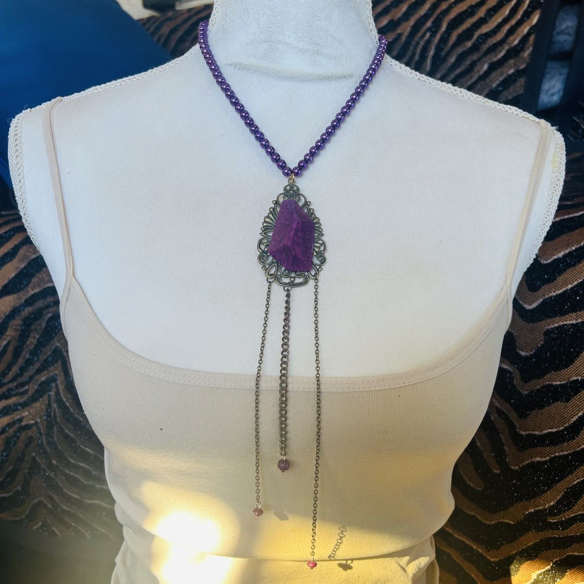 Handmade Handcrafted purple faceted high dome brass filigree necklace Size ONE SIZE - 2 Thumbnail