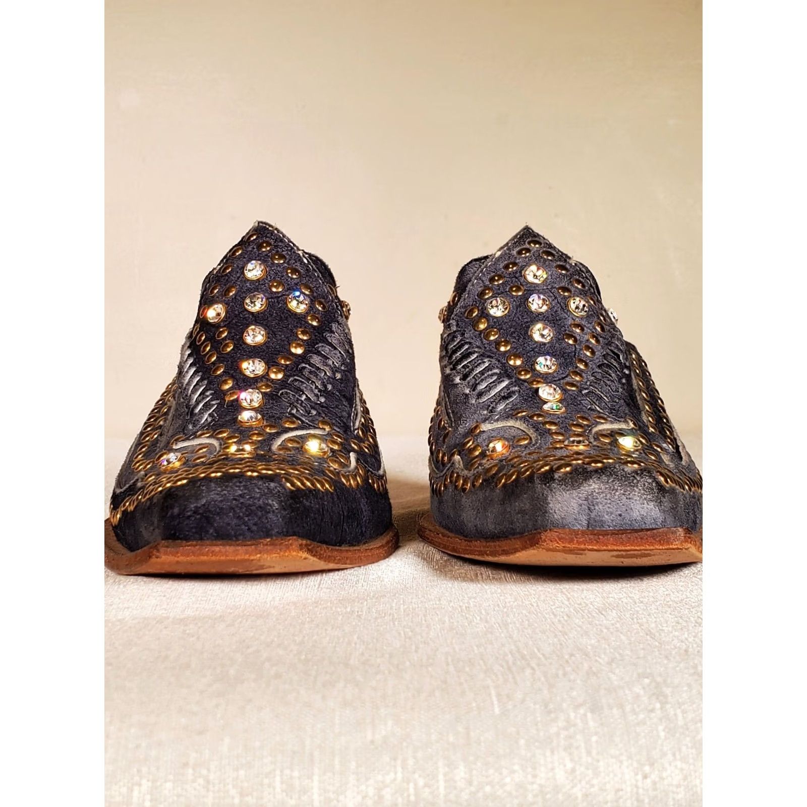 Vintage El Vaquero Mule Women Suede Graphite Swarovski Crystals Studs Block Heel US 7.5 EU 38 Size US 6 / IT 36 - 4 Thumbnail