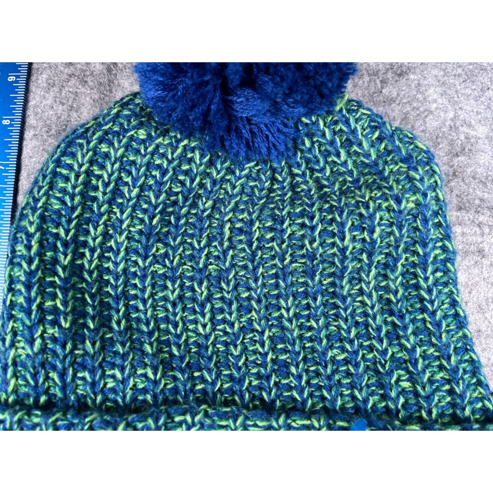 Vintage HitWear Beanie Hat - Knit One Size Unisex Adults - Blue Green Striped Acrylic Pom - Winter Outdoor Ski Hospital Theme Size ONE SIZE - 3 Thumbnail