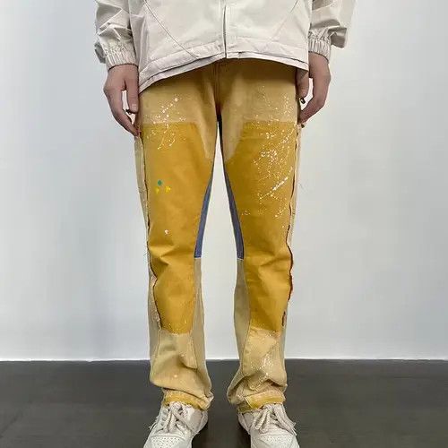 image of Retro Hip Hop Splash Ink Slim Jeans in Yellow, Men's (Size 37)
