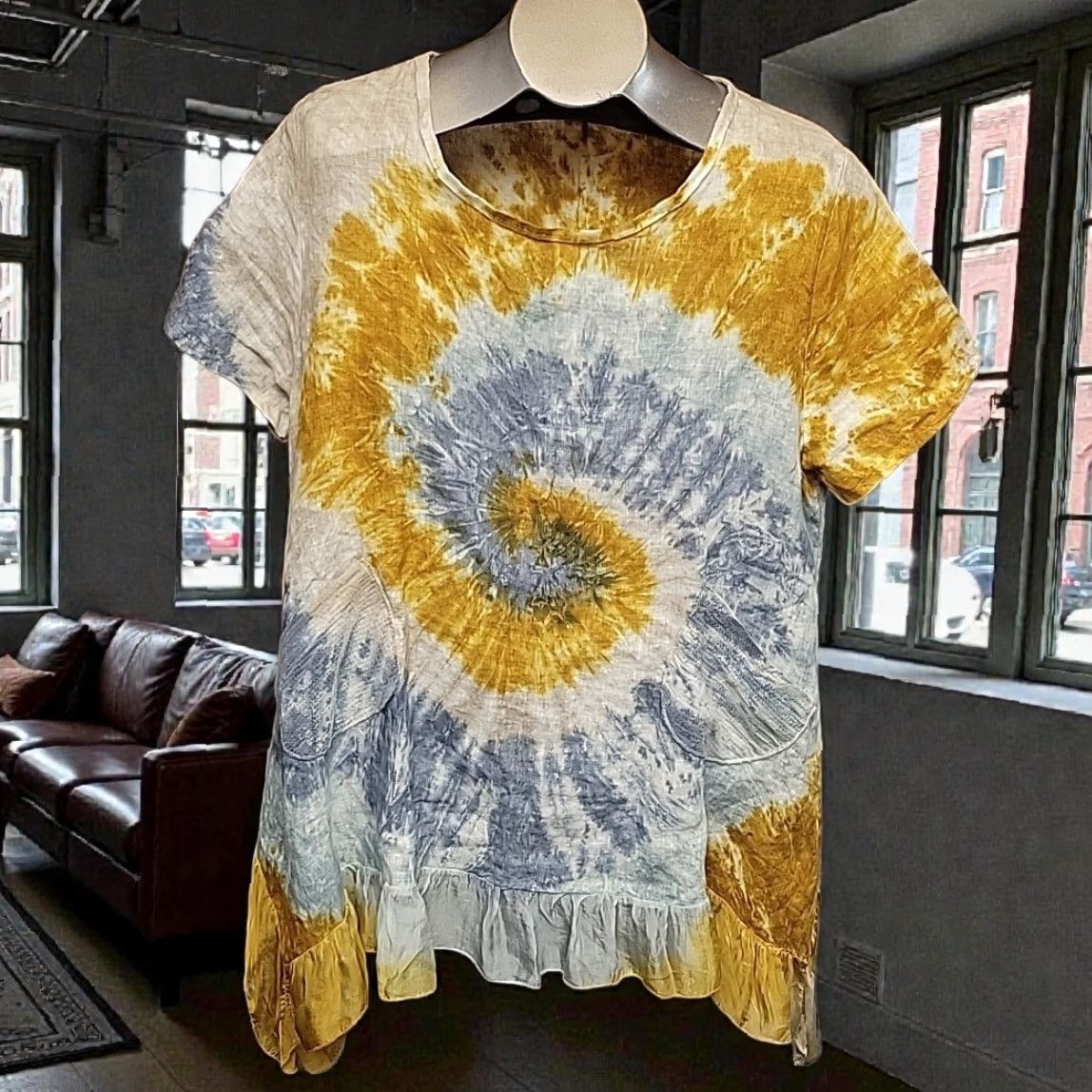 Vintage VINTAGE Made In Italy Tunic Womens M Yellow Blue Tie Dye Linen Silk Boho Ruffle Size M / US 6-8 / IT 42-44 - 2 Thumbnail
