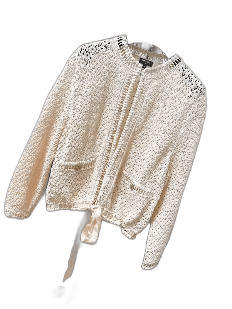 Chanel Chanel Cream Color Knit Cardigan with Bow Size S / US 4 / IT 40 - 1 Thumbnail