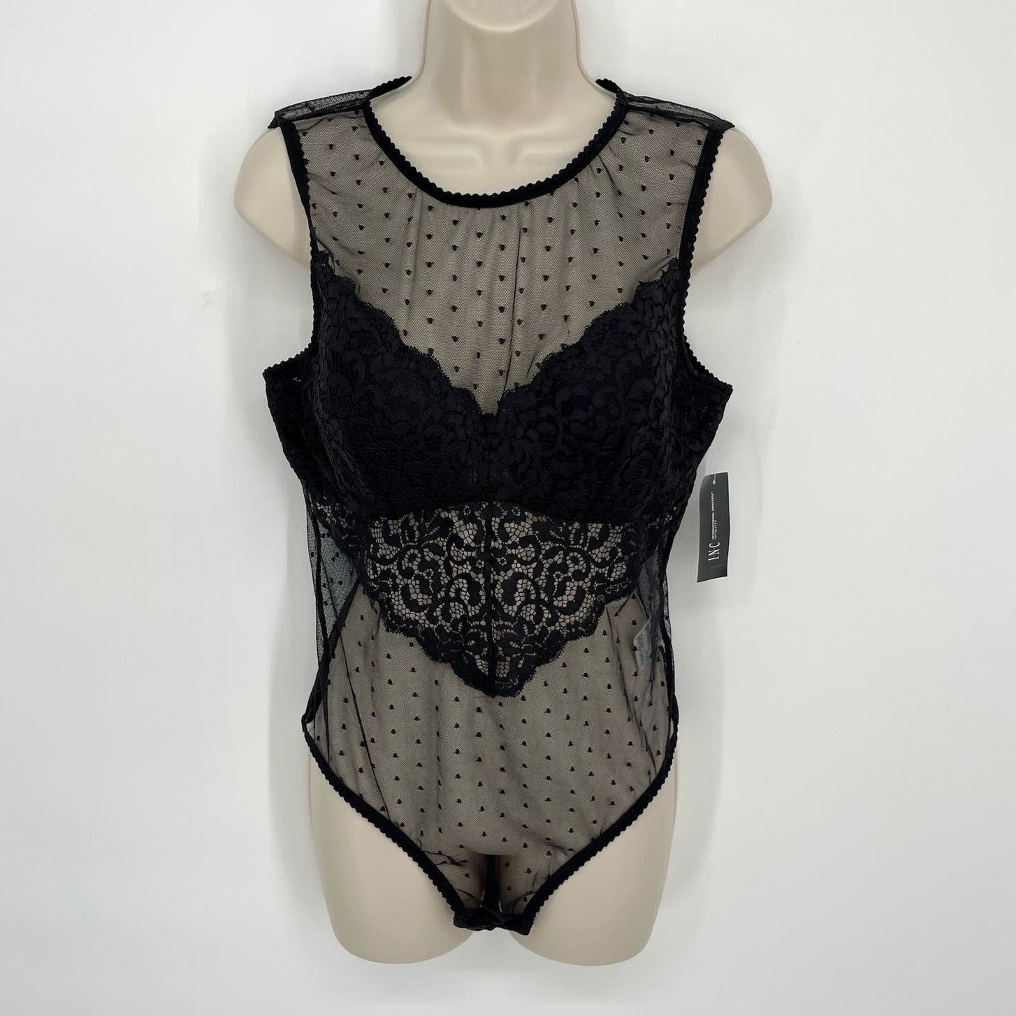 Inc New Lacy Sheer Cupped Swiss Dot Thong Bodysuit L Black, Women's (Size Large)