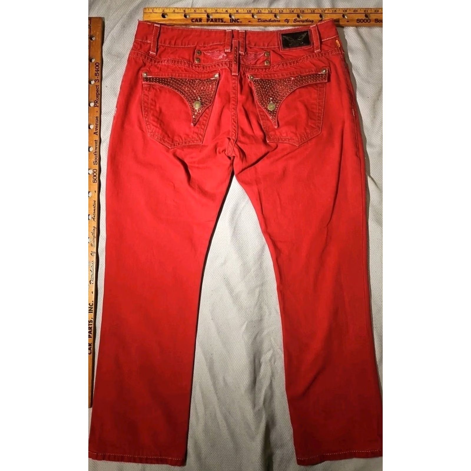 Denime Robins Jeans Mens 38 Red New Flap Denim Embellished Rhinestone Pocket USA Jeans Size US 38 / EU 54 - 4 Thumbnail