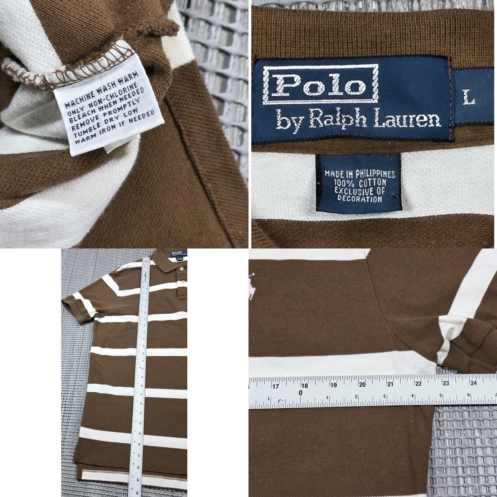 VINTAGE Polo Ralph Lauren Shirt L Brown White Short Sleeve Pique Polo Ralph Lauren Polo Shirt L Brown White Short Sleeve Pique Pink Pony 90s USA Mens