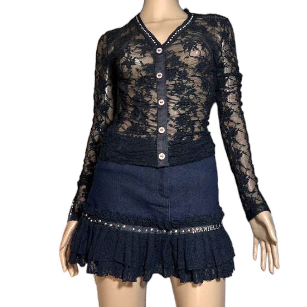 Designer Matching suit 2 pieces set sheer blouse & mini denim skirt Size S / US 4 / IT 40 - 1 Thumbnail