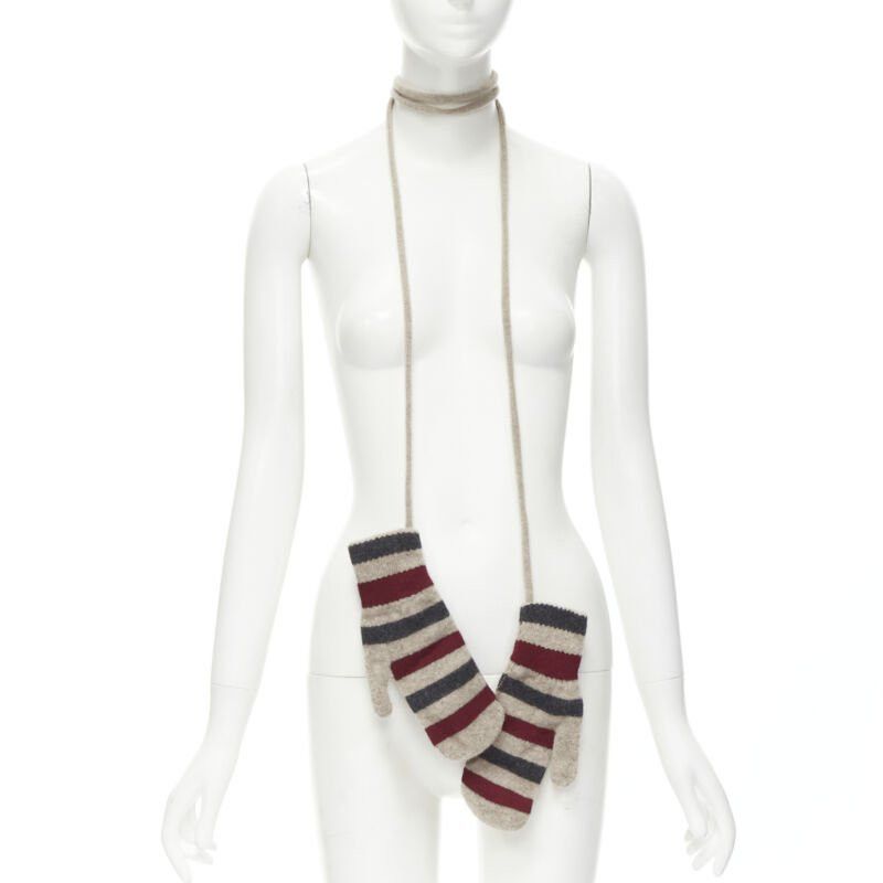 Burberry BURBERRY 100% lambs wool red black beige striped mitten glove on string Size ONE SIZE - 1 Thumbnail