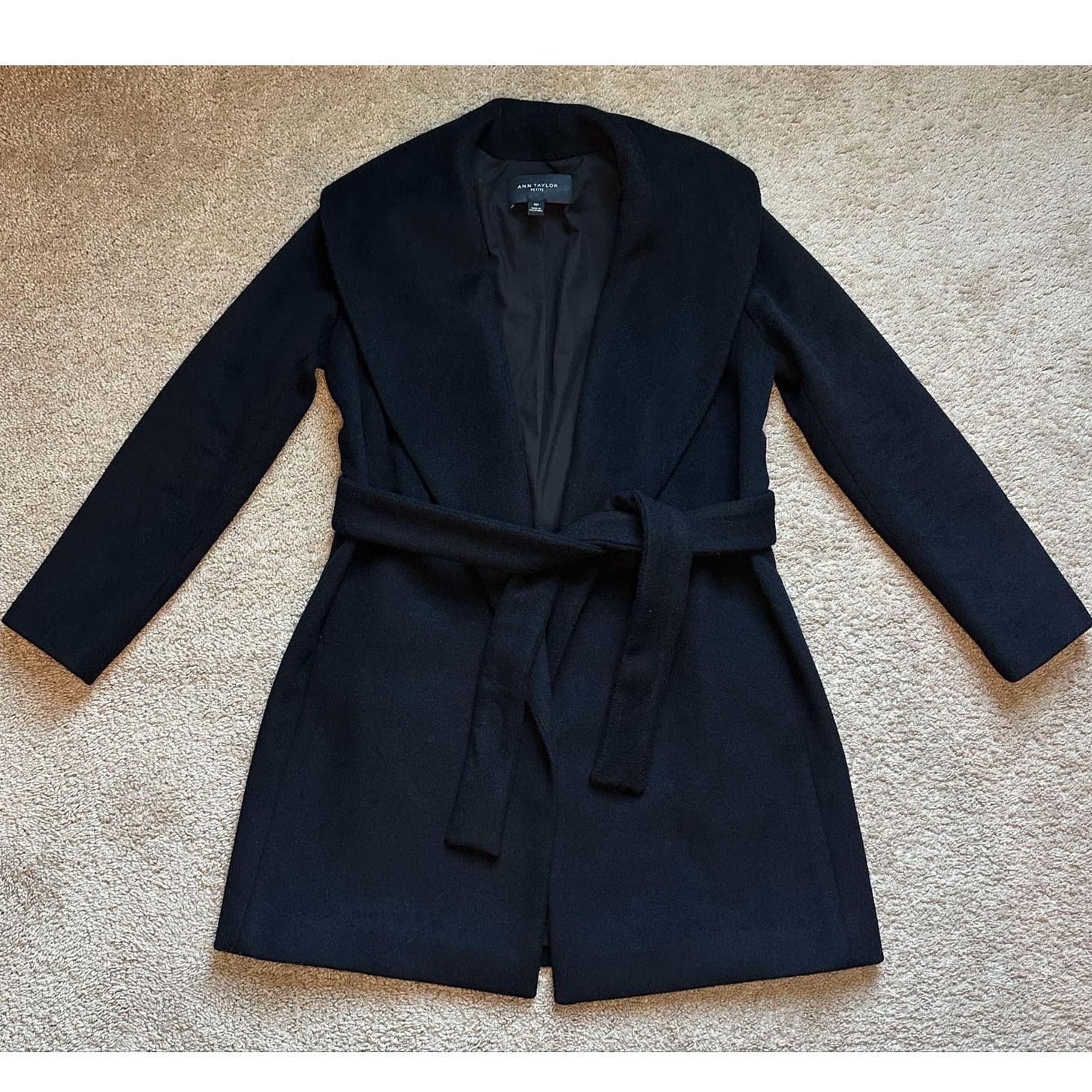 Other Ann Taylor Petite Shawl Collar Tie Waist Wrap Coat Black XSP Size XS / US 0-2 / IT 36-38 - 2 Thumbnail