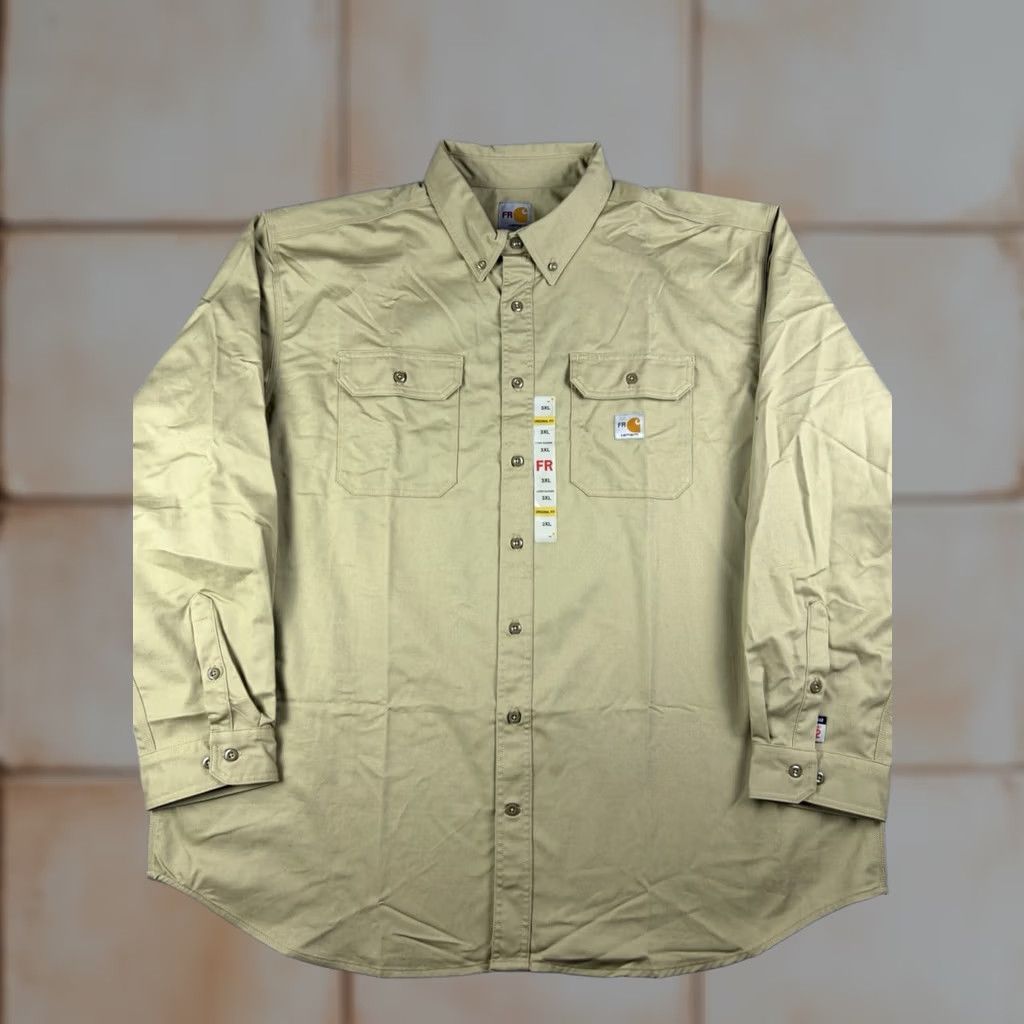 Carhartt Carhartt FR Shirt Mens 3XL Beige Flame Resistant Button-Up Workshirt Twill Cotton Nylon Pockets Embroidered Button-Down Collar Mens Regular Size US XXL / EU 58 / 5 - 1 Thumbnail