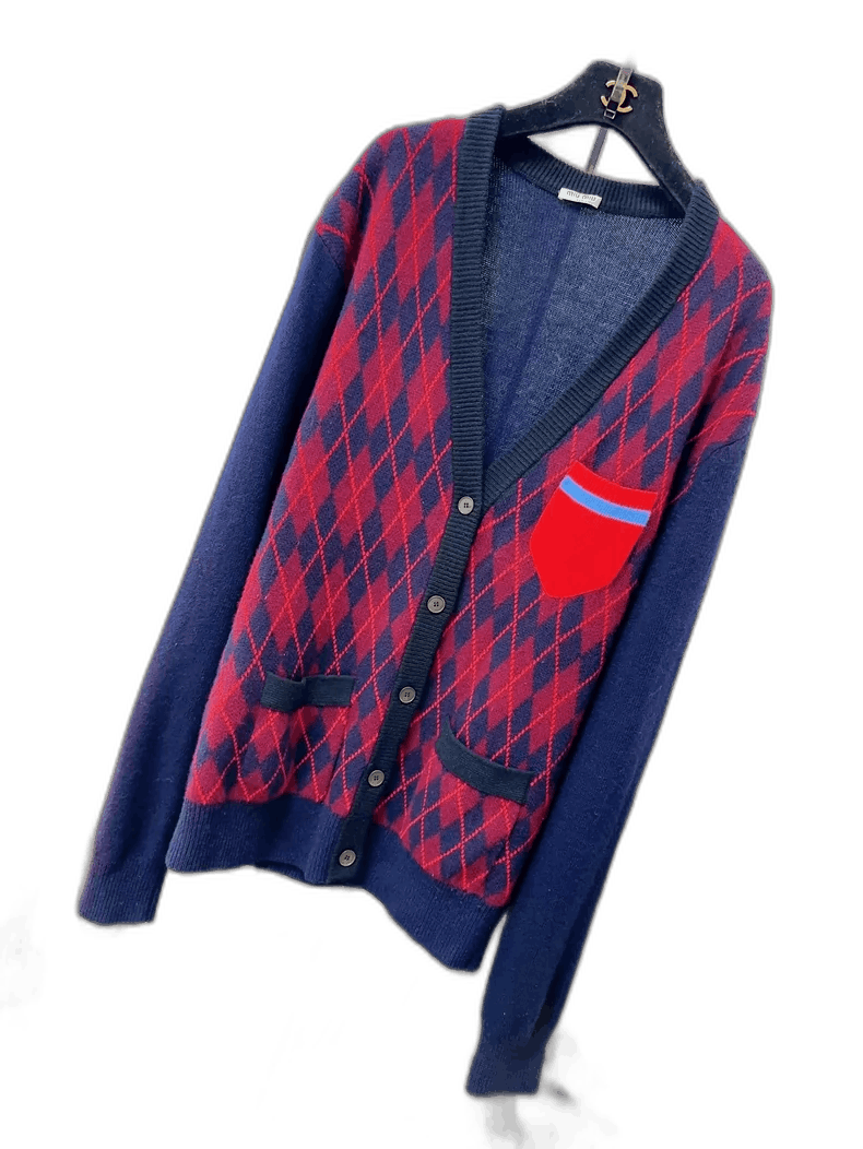 Prada Miu Miu Blue Red Argyle Knit Cardigan-2506 Size M / US 6-8 / IT 42-44 - 1 Thumbnail
