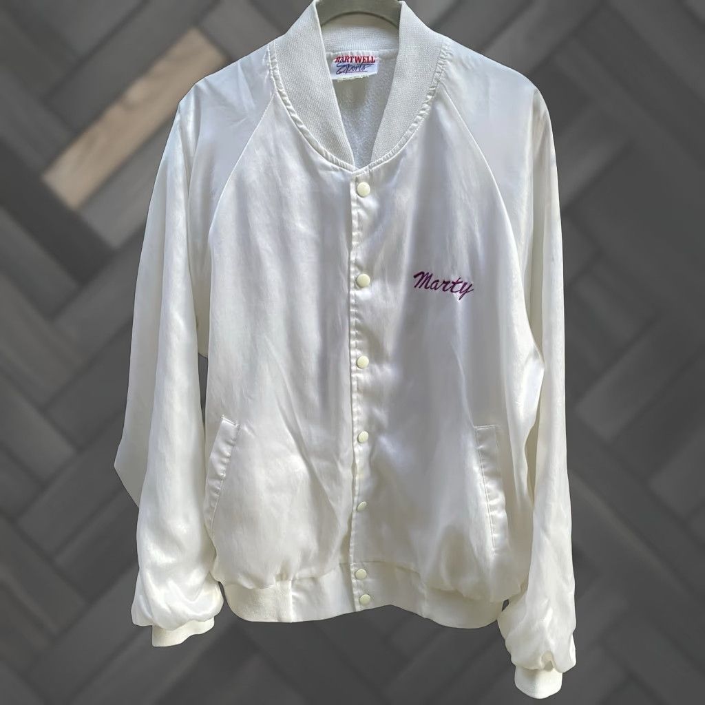 Vintage VINTAGE Hartwell Sports Jacket Elks Bomber Satin Satin Jacket White USA Large L Men Stand-Up Collar Embroidered Yucca Valley CA Elk Sports Vintage Size US L / EU 52-54 / 3 - 1 Thumbnail