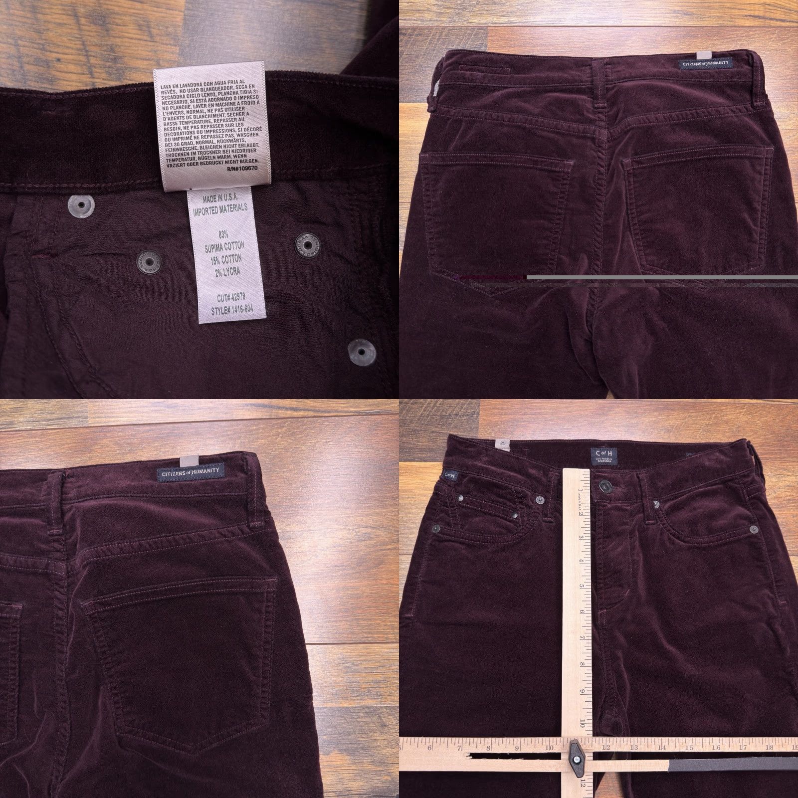 Citizens Of Humanity Citizens of Humanity Jeans Skinny Velvet High Rise 25 Burgundy Women 5-Pocket City Stretch Regular Inseam 29 Size 42" / US 20 - 8 Thumbnail