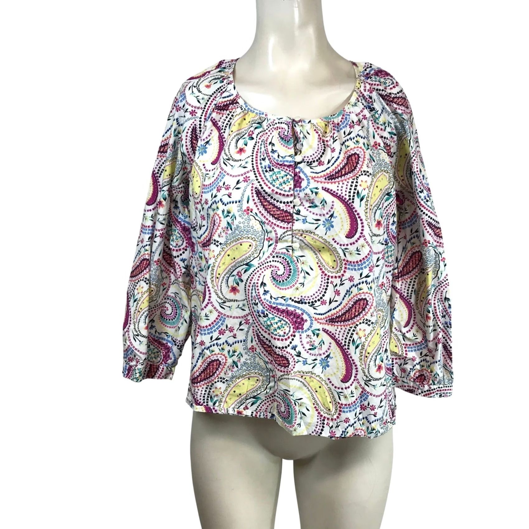 Talbots VINTAGE Talbots Petites Paisley Floral Cotton Blouse White Pink Yellow MP 3/4 Sleeve Size M / US 6-8 / IT 42-44 - 2 Thumbnail