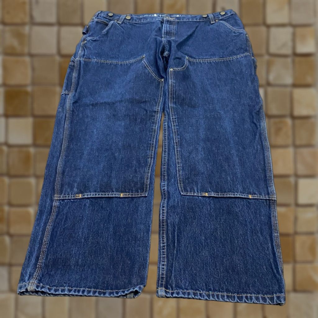 Carhartt Jeans Mens Size 42x20 Blue Distressed Double Knee Logger Dark Wash 5-Pocket