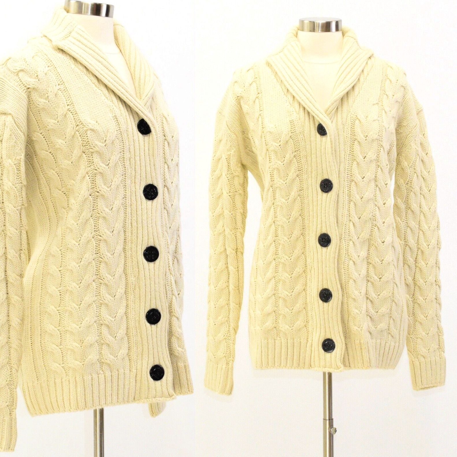 image of 80's Vintage Womens XL Ivory Heavy Cable Knit Cardigan Sweater Roll Collar in White